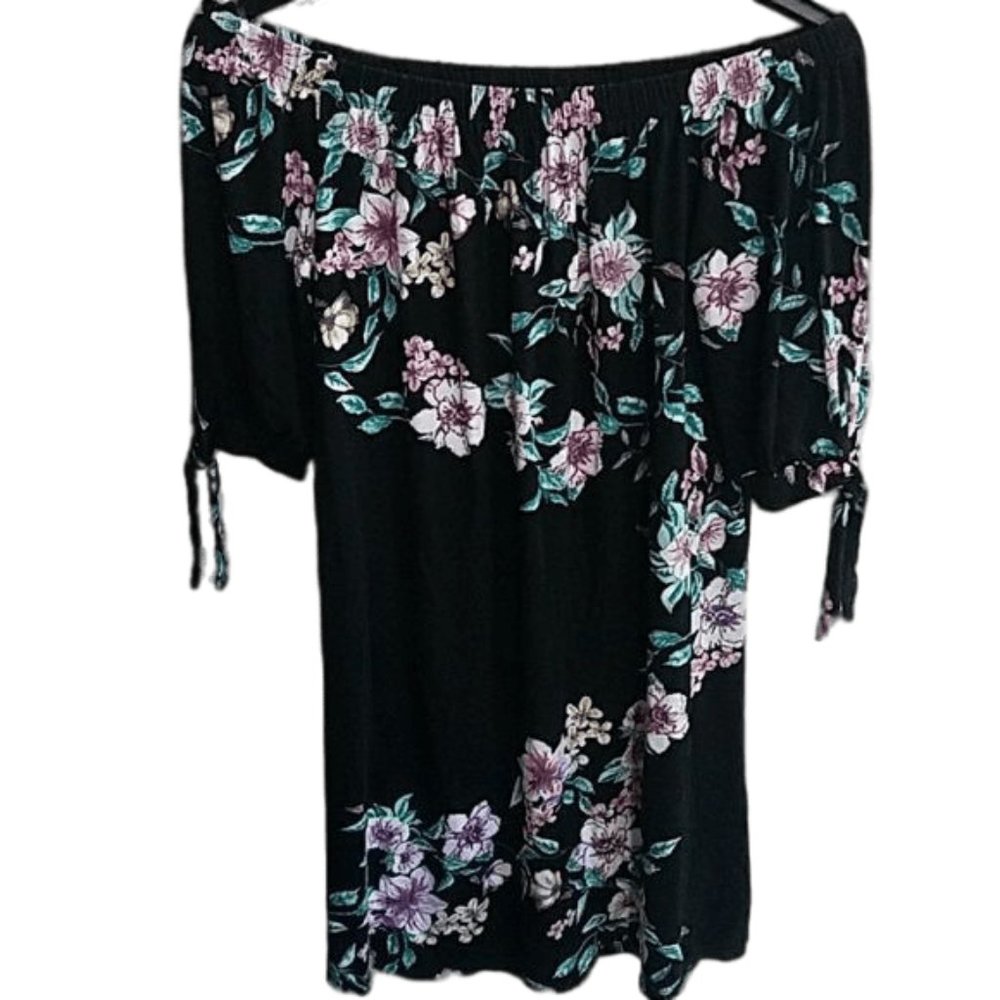 Saved by the Dress Off The Shoulder Mini Dress Black with Floral Pattern Tunic - Picture 2 of 6